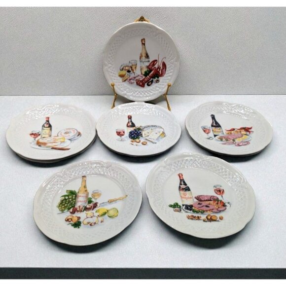 Vintage Limoges France Porcelain Cheese Plates Set Of 6 With Wine & Food Motifs - Picture 1 of 12